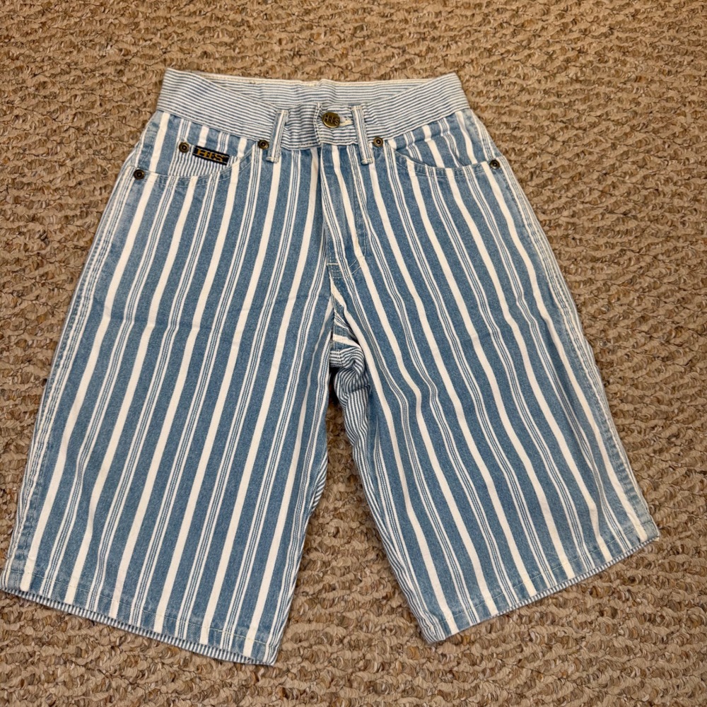 Vintage HIS Jeans Hickory Stripe Denim Shorts Blue White High Waist Made in USA